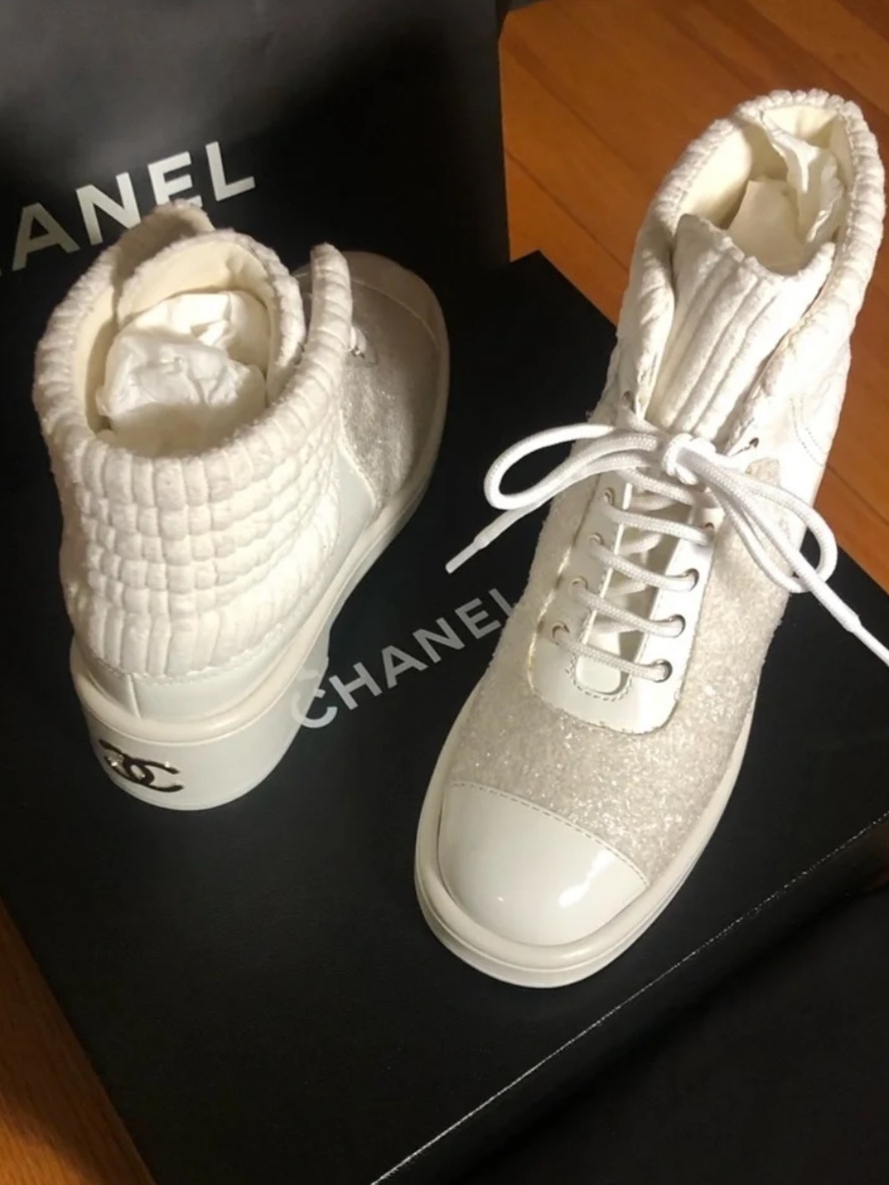 Chanel 36.5 * Gently Used * Rare White Patent Tweed Lace up Boots